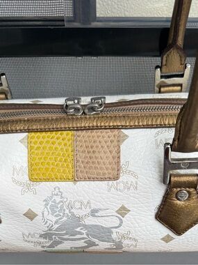 MCM Visetos White Leather Lion Princess Limited Edition Barrel Bag, Gold Handles